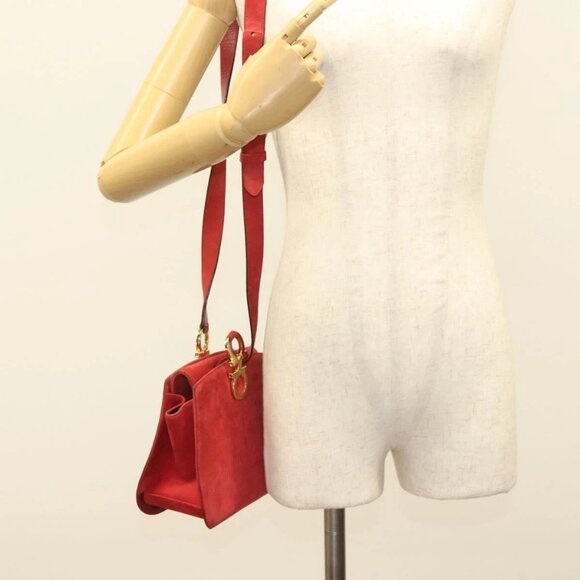 Salvatore Ferragamo Gancini Shoulder Bag Suede Red Gold Auth - Picture 1 of 16